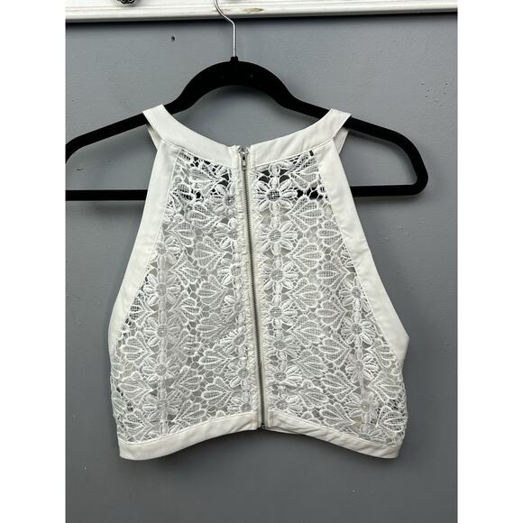 Lush Cropped Top Womens Large White Lace Overlay Floral Exposed Zipper‎ - Picture 2 of 8